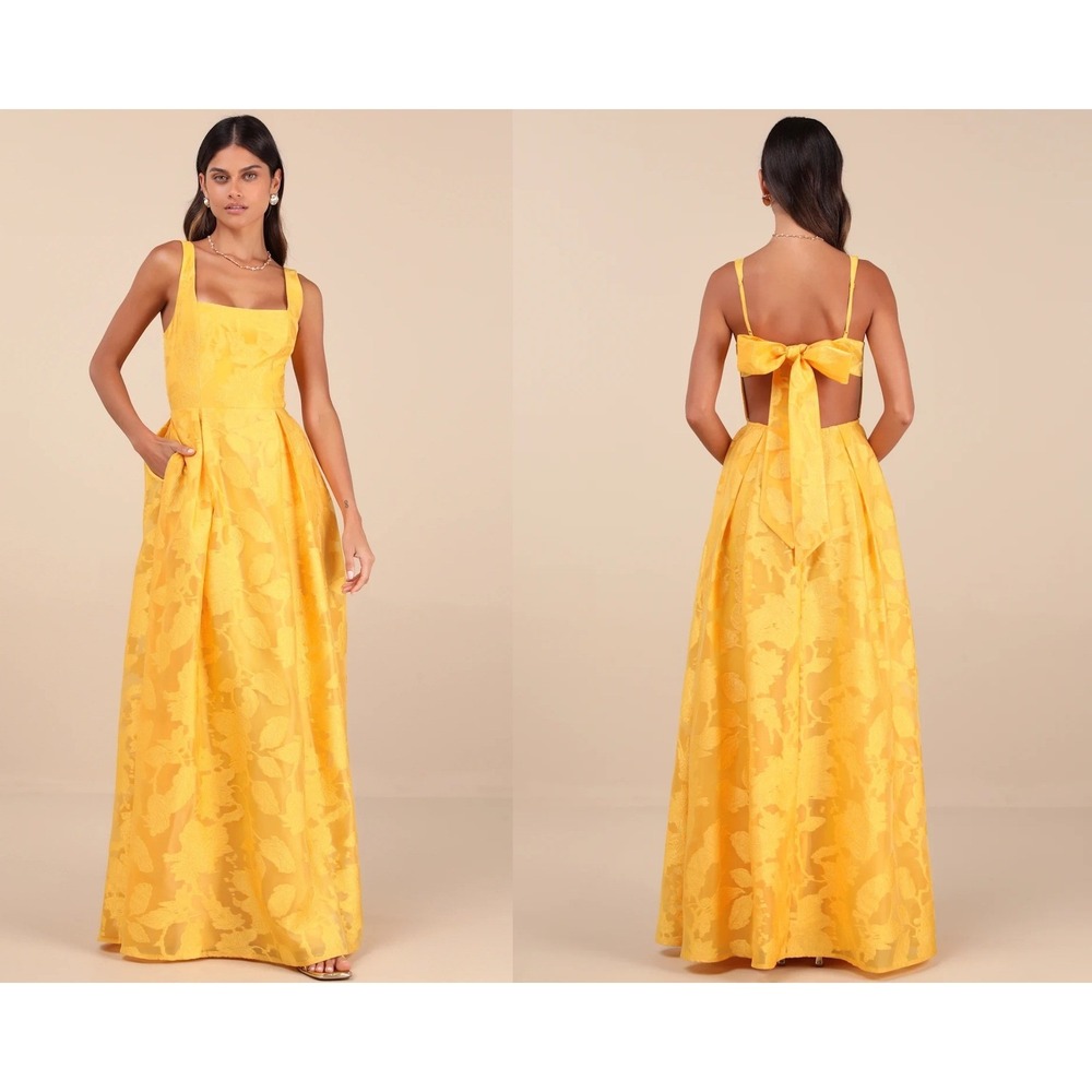 Lulus Perfected Aura Yellow Jacquard Tie-Back Maxi Dress with Pockets Small